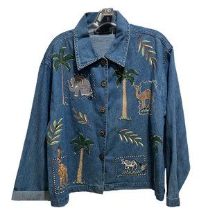 110. Life Style Cotton Denim Embroidered Animals Button Up Shirt Size P/L